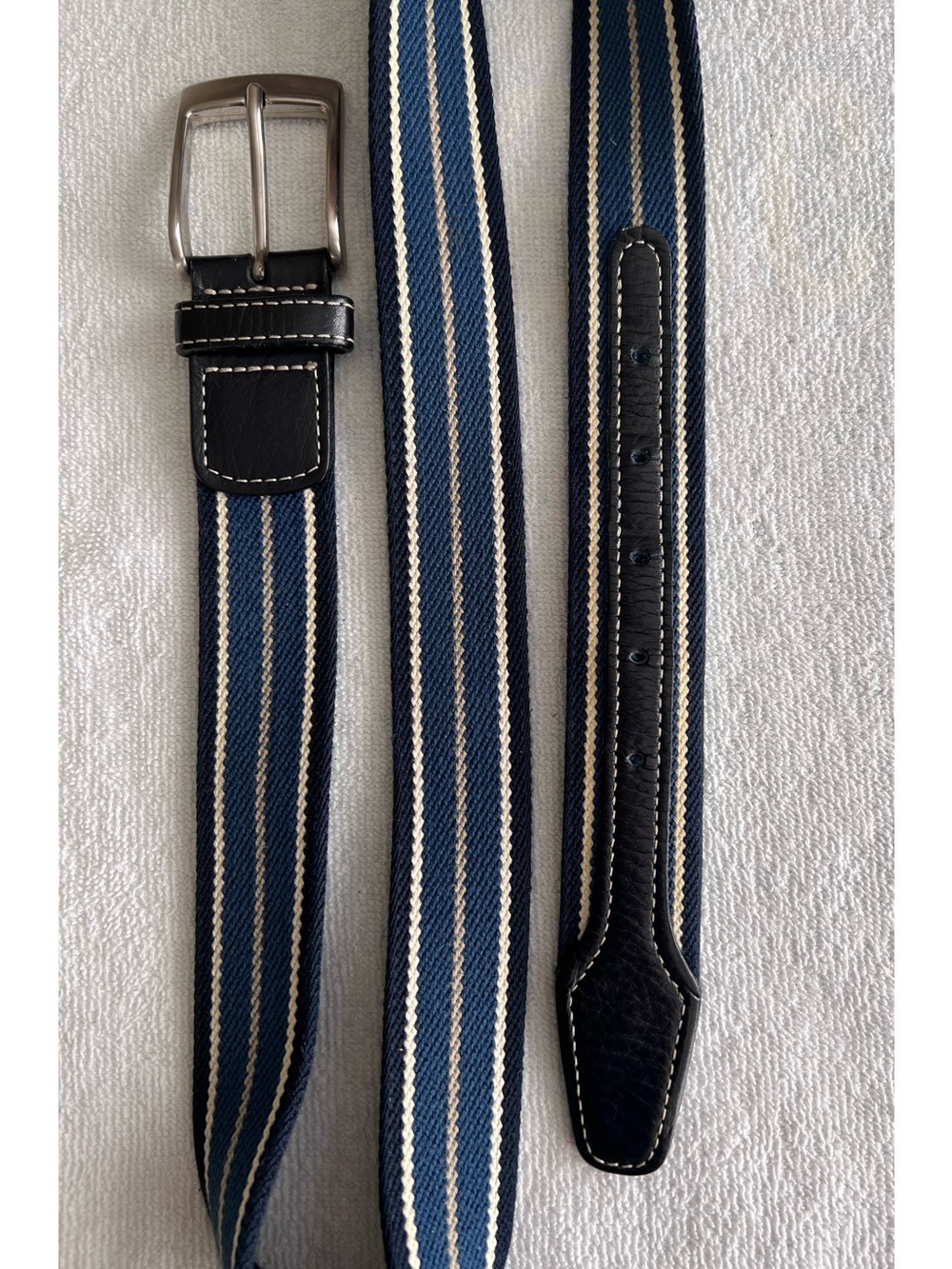 Paul Stuart Navy and White Striped Canvas Men’s Belt